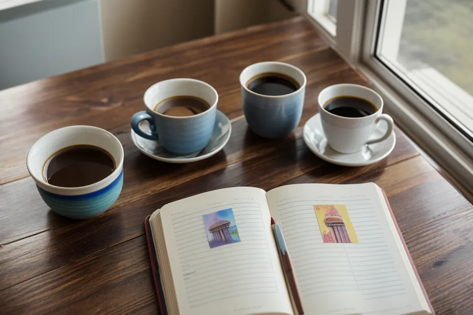 Nahaufnahme eines Laptops mit der Miles and More Suche für vier Personen und einer Tasse Kaffee.